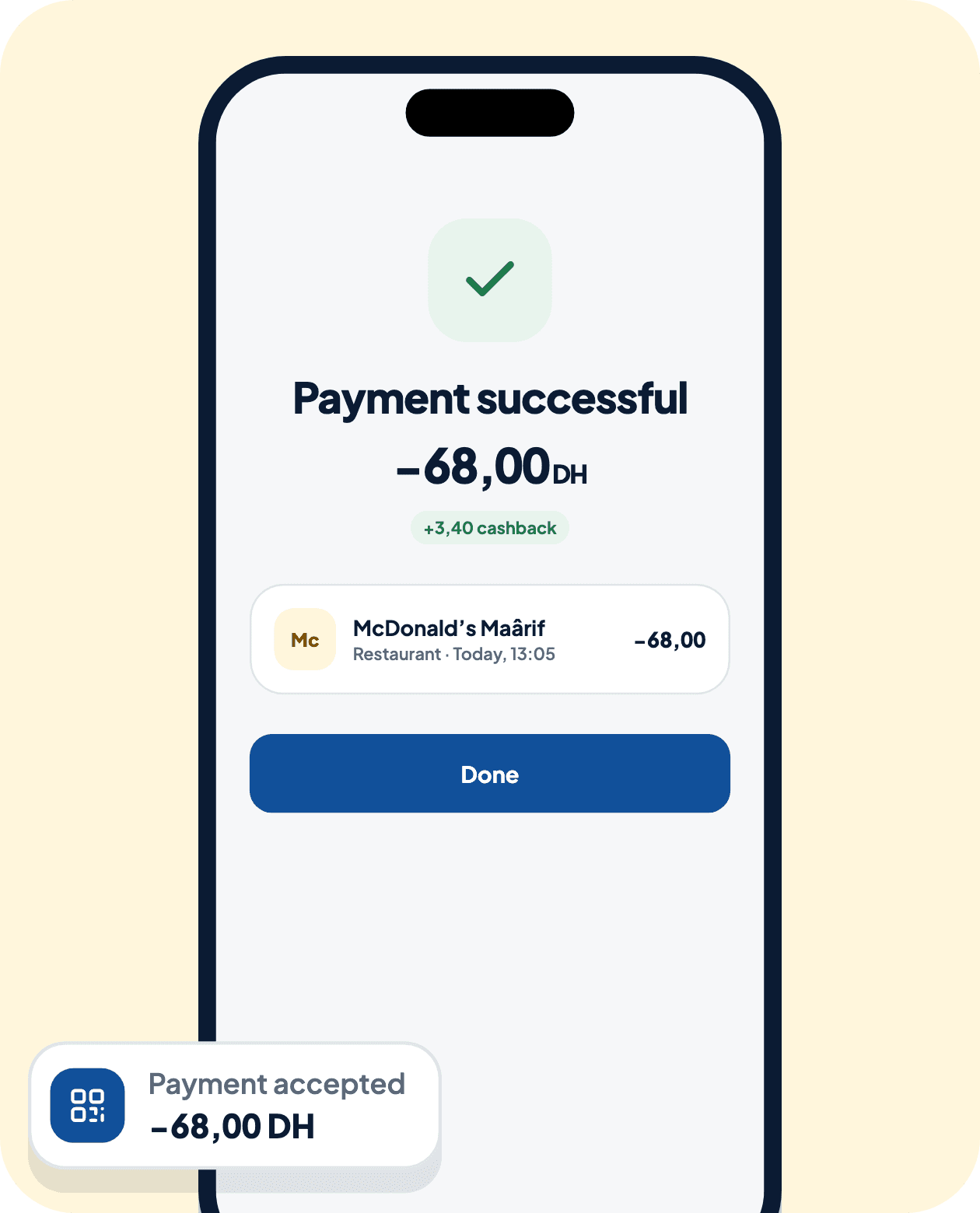 Payment successful screen in the Tiki app, with the amount paid and the cashback earned.