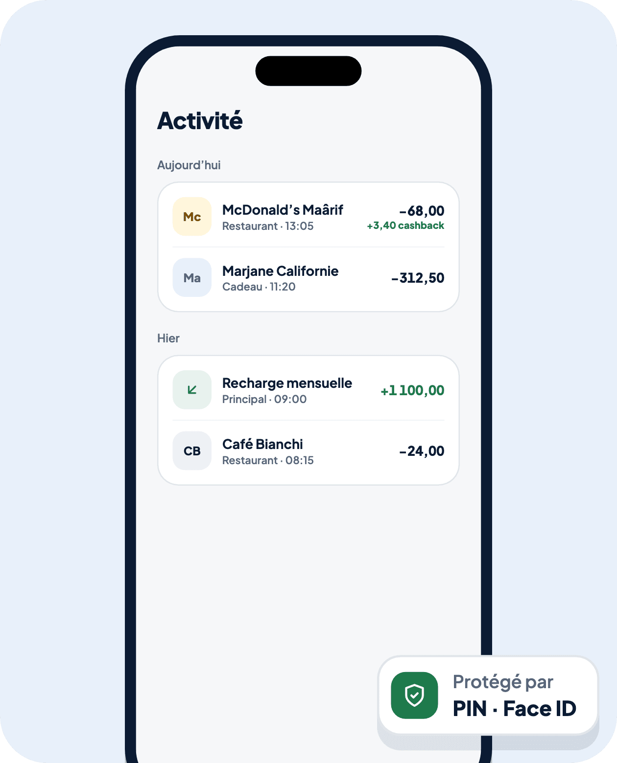 Écran Activité de l'application Tiki : liste des paiements et des recharges du jour et de la veille.