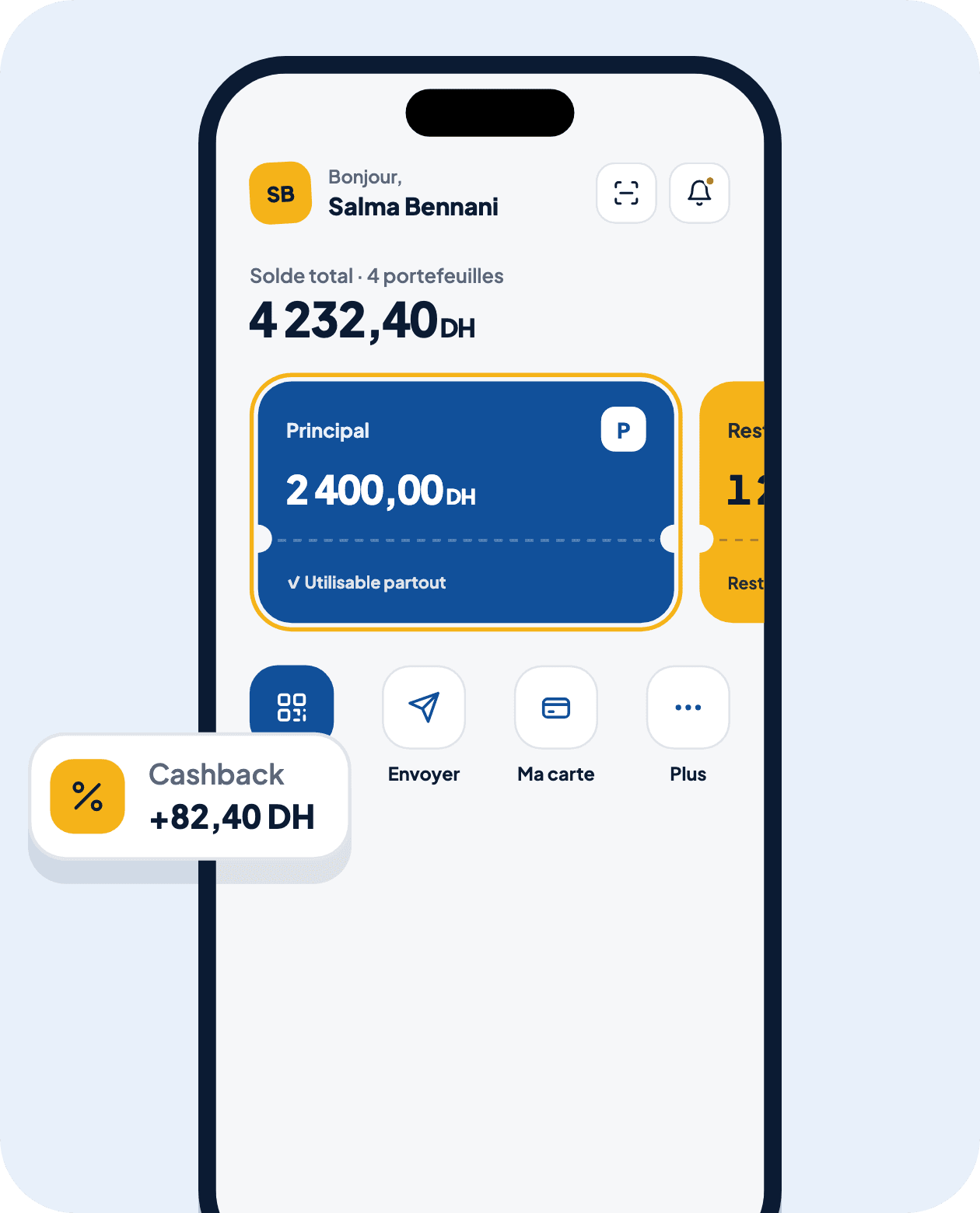 Écran d'accueil de l'application Tiki : solde total, portefeuille principal et raccourcis.